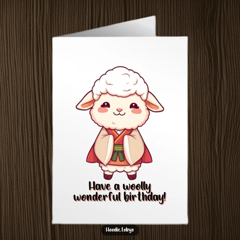 Funny Free Printable Birthday Card: A fluffy sheep in a kimono bows gracefully, wishing a happy birthday with a sweet smile.
