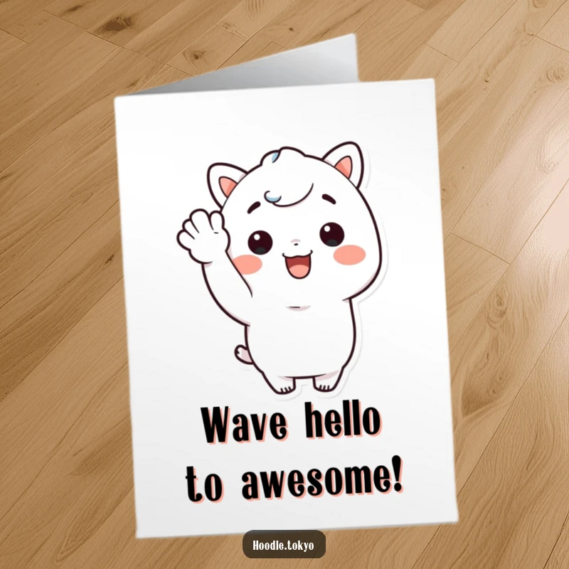 Funny Free Printable Birthday Card: A cute Kawaii character cheerfully waving hello with a beaming, happy smile.