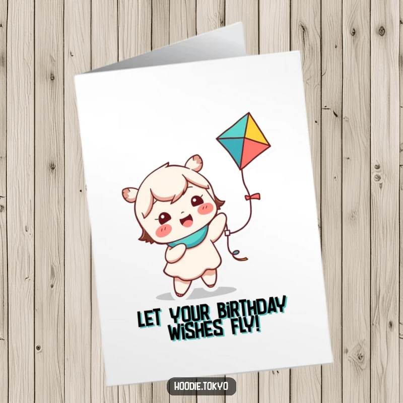Funny Free Printable Birthday Card: Cute kawaii character giggling uncontrollably while holding onto a brightly colored kite, pure joy.