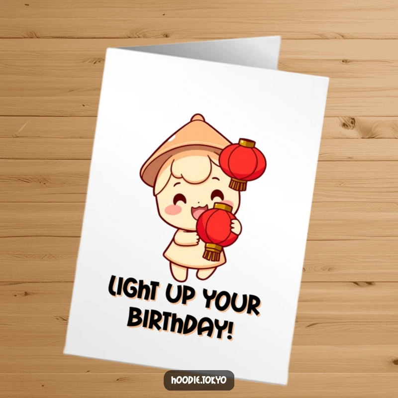 Funny Free Printable Birthday Card: Smiling character in a conical hat holds a bright red lantern, bringing festive birthday wishes.