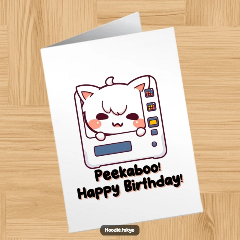 Funny Free Printable Birthday Card: A Kawaii character with a mischievous grin peeking from behind a vending machine.