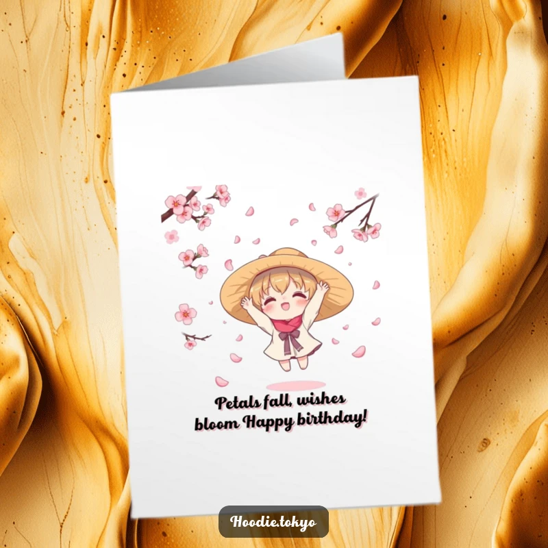 Funny Free Printable Birthday Card: Kawaii character with hat catching falling cherry blossom petals, a delightful and whimsical scene.