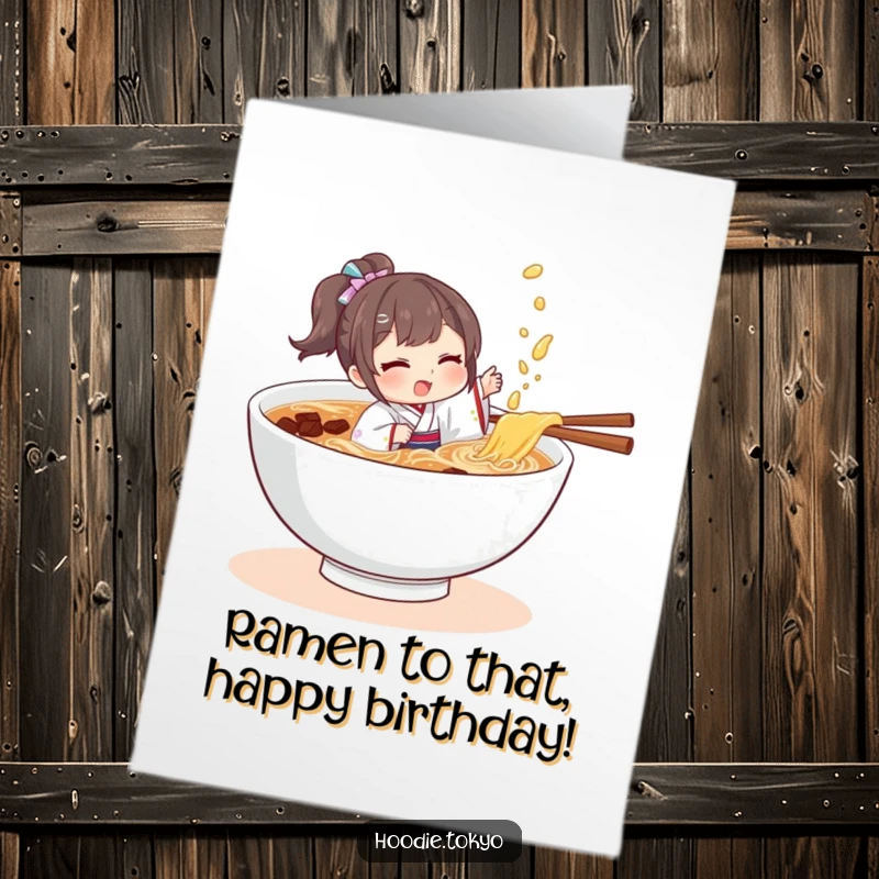 Funny Free Printable Birthday Card: Character in a tiny kimono gleefully splashing in a big bowl of ramen.