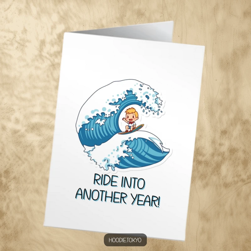 Funny Free Printable Birthday Card: A character joyfully surfs on top of a giant, stylized wave, looking exhilarated.
