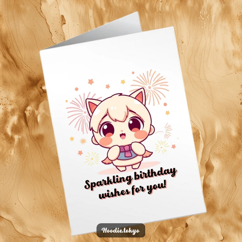 Funny Free Printable Birthday Card: Kawaii character with wide, excited eyes watching a spectacular burst of colorful fireworks.