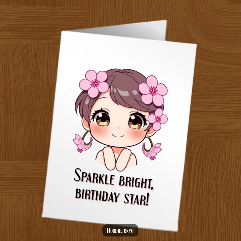 Funny Free Printable Birthday Card: Smiling character with huge cherry blossom earrings, sparkling eyes, conveying happiness, perfect for greeting.