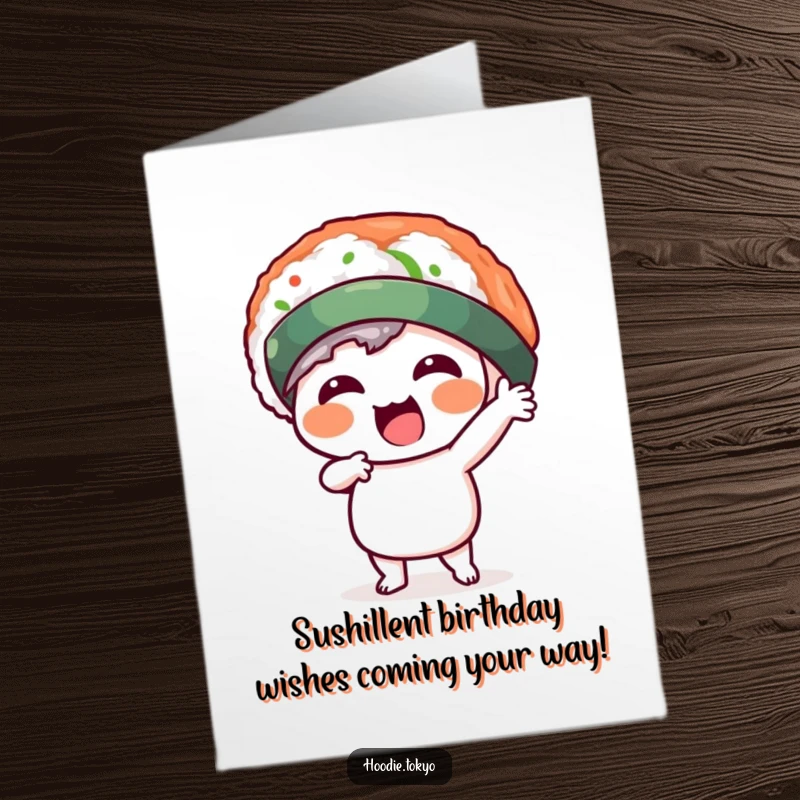 Funny Free Printable Birthday Card: Kawaii character in a silly sushi hat striking a dynamic pose, ready for a fun celebration.