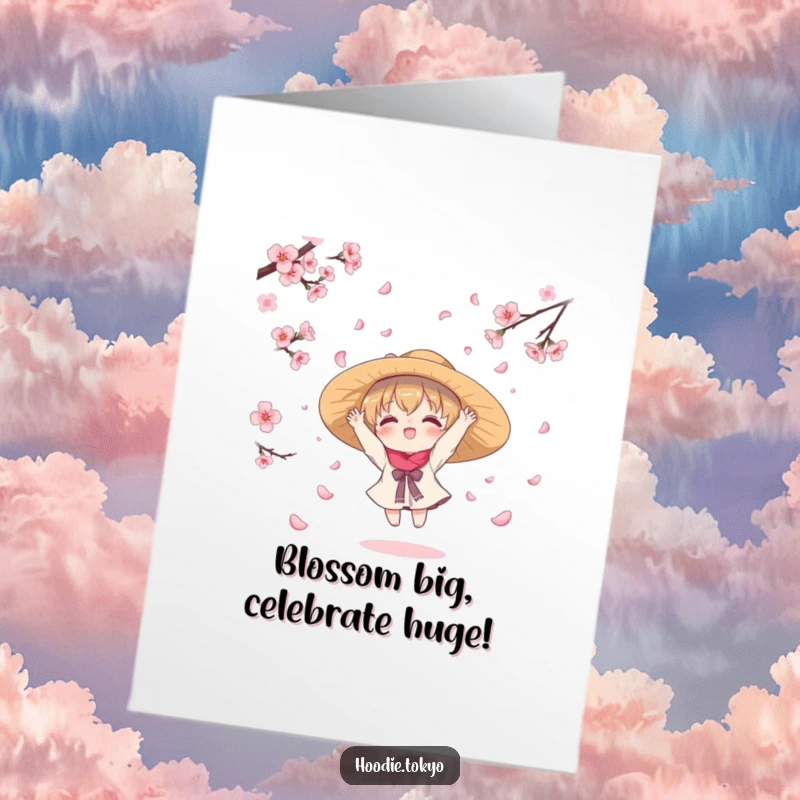 Funny Free Printable Congratulations Card: A kawaii character gracefully catching cherry blossom petals in a hat, celebrating success.