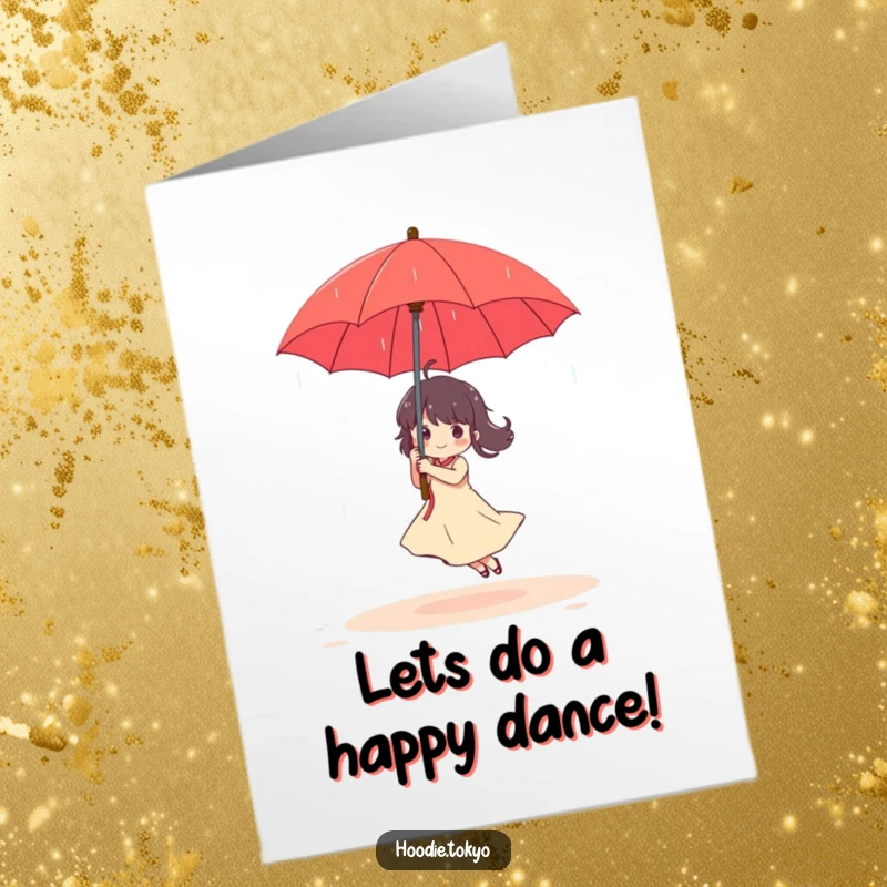 Funny Free Printable Congrats Card: Character gleefully dances with a red umbrella, embracing a gentle, celebratory rain.