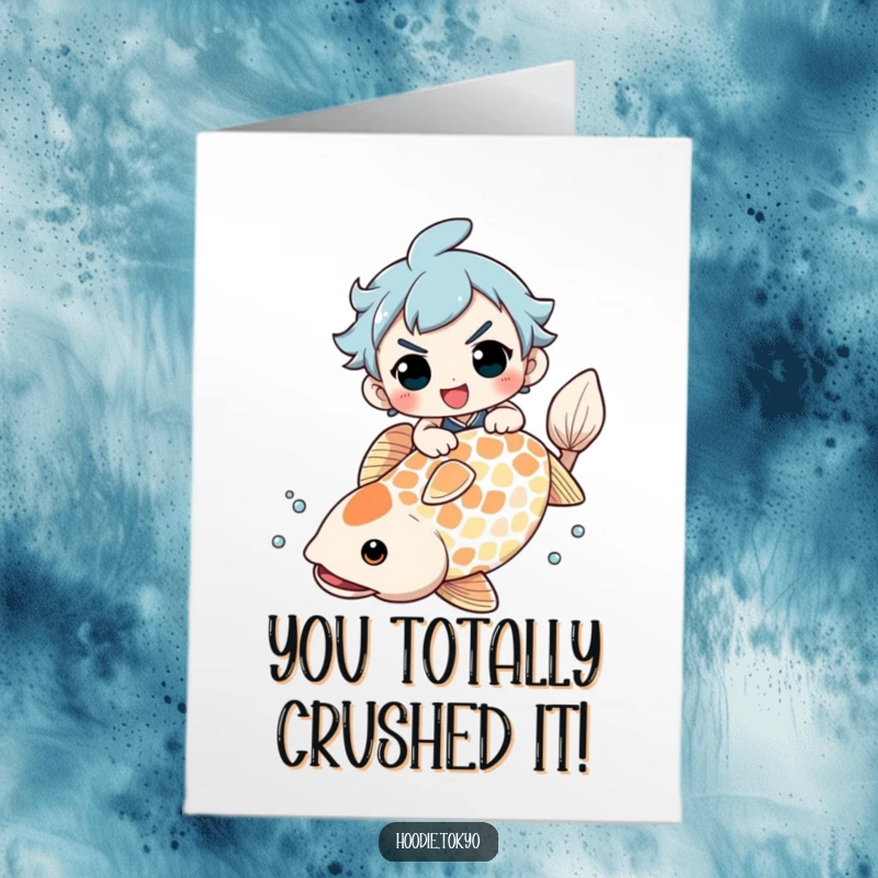 Funny Free Printable Congrats Card: Determined character masterfully riding a giant koi fish, celebrating success with glee.