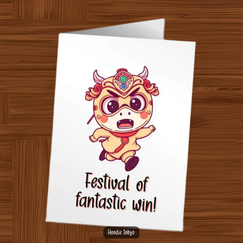 Funny Free Printable Congratulations Card: Mischievous character with excited eyes, wearing a Japanese festival mask, running with celebratory energy.
