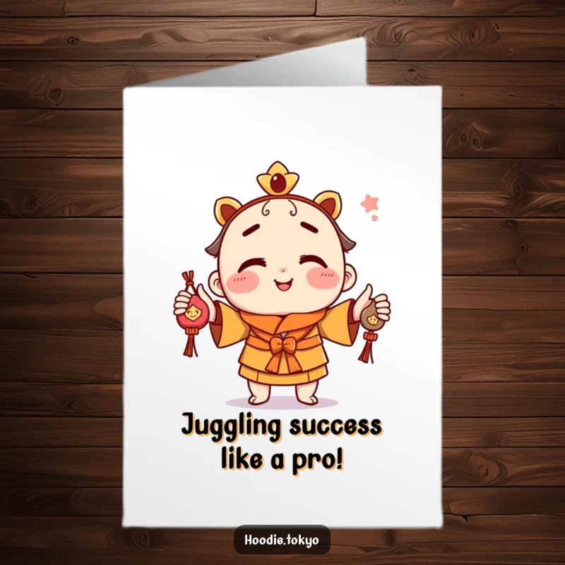 Free Printable Congratulations Card: A cheeky juggler with a grin tosses lucky omamori charms, celebrating a win.