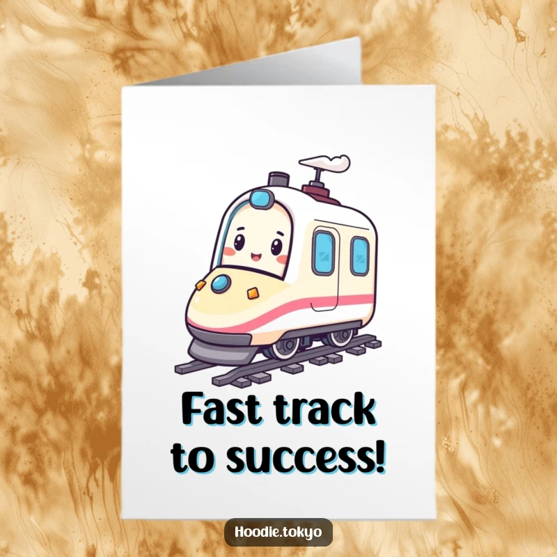 Funny Free Printable Congratulations Card: A happy character bounces on a miniature bullet train, celebrating a successful journey.