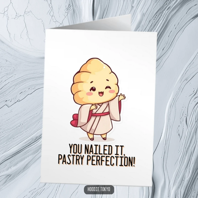 Funny Free Printable Congratulations Card: A smiling croissant character in a kimono performs a cheerful twirl, celebrating your triumph.
