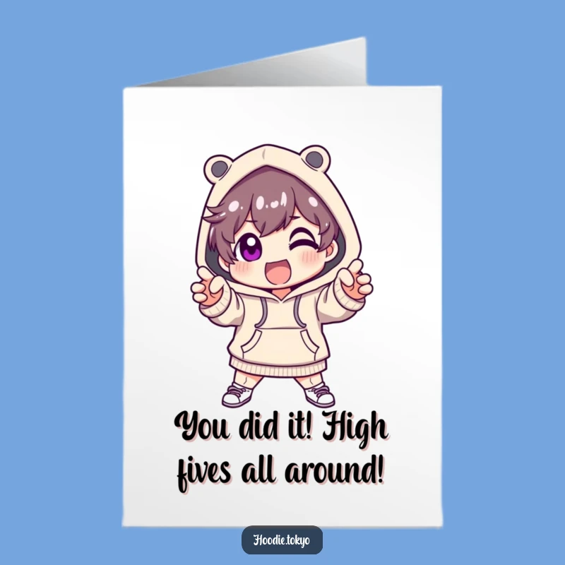 Free Printable Congrats Card: Excited Hoodie Character, Dramatic Pose, Downloadable Gift!