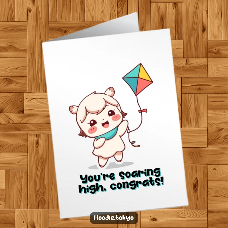 Funny Free Printable Congrats Card: Cute kawaii character giggling happily while holding a vibrant kite, celebrating a momentous occasion.