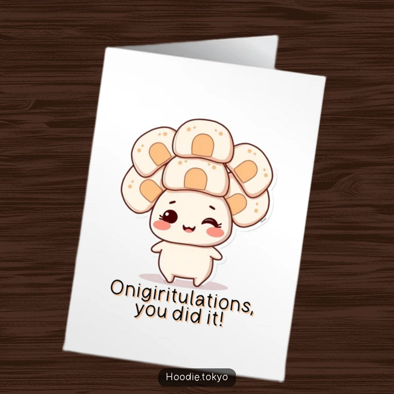 Funny Free Printable Congratulations Card: Character impressively balancing huge onigiri on its head, looking proud.