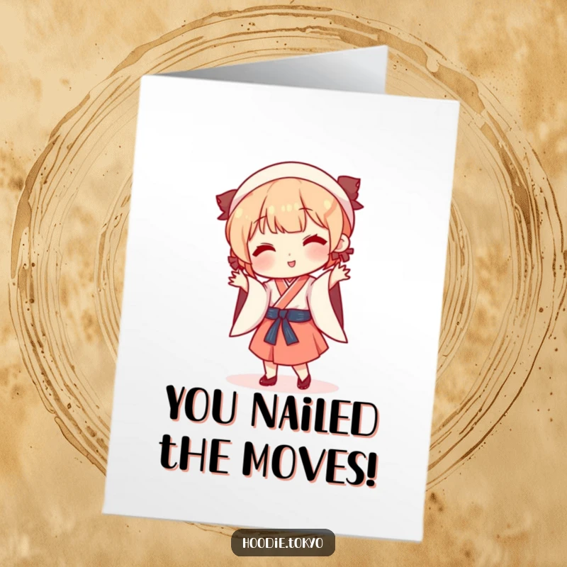 Funny Free Printable Congrats Card: A traditional Japanese outfit adorning a character joyfully engaged in a quirky, hilarious dance.