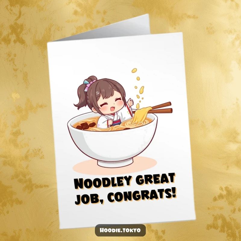 Funny Free Printable Congratulations Card: Character wearing a small kimono splashing playfully in a large bowl of ramen.
