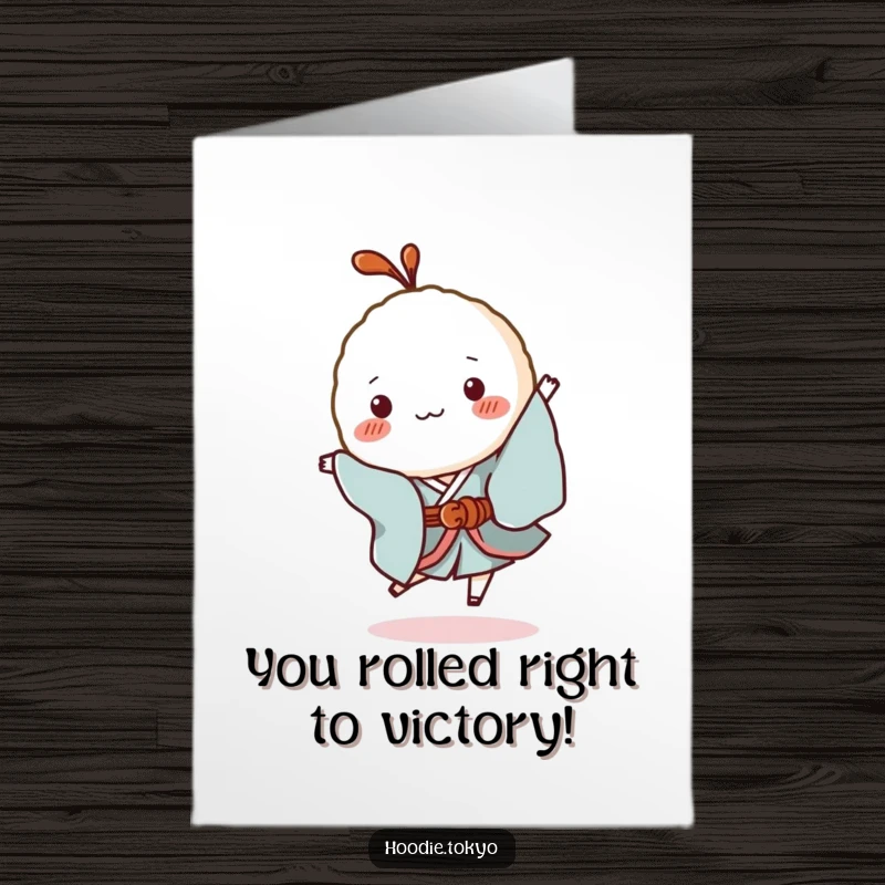 Funny Free Printable Congratulations Card: A cute rice ball character in a kimono excitedly hops, cheering for your triumph.