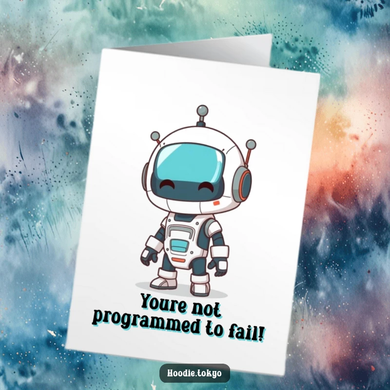 Funny free printable congratulations card: a robot character performing a comical wobble, arms flailing slightly.