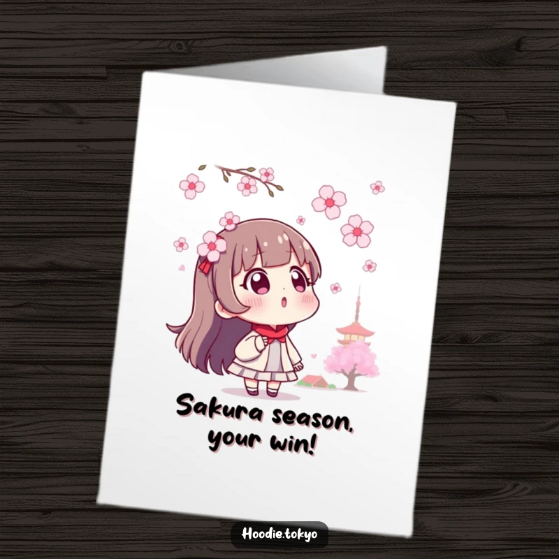 Free Printable Congratulations Card: A surprised Tokyo character marvels at floating cherry blossoms, expressing awe and wonder.