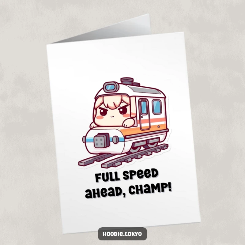 Funny Free Printable Congrats Card: Kawaii character confidently rides a miniature bullet train to celebrate achievements.