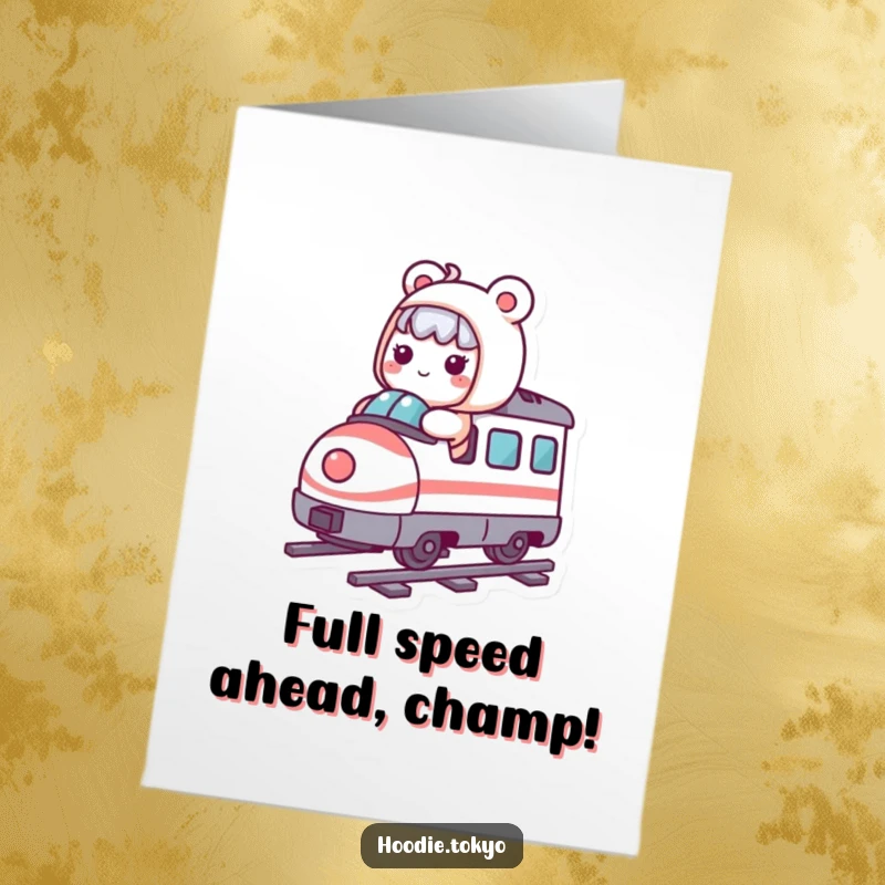 Funny Free Printable Congratulations Card: Kawaii character gleefully riding a miniature bullet train, celebrating success with speed.