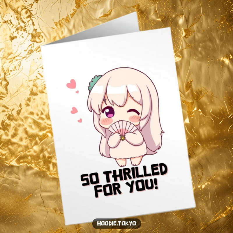 Free Printable Congratulations Card of a blushing character, timidly flapping a tiny fan at an imagined admirer.