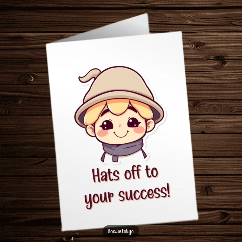 Funny free printable congratulations card showing a character with a silly grin and oversized tilted hat, celebrating success humorously.