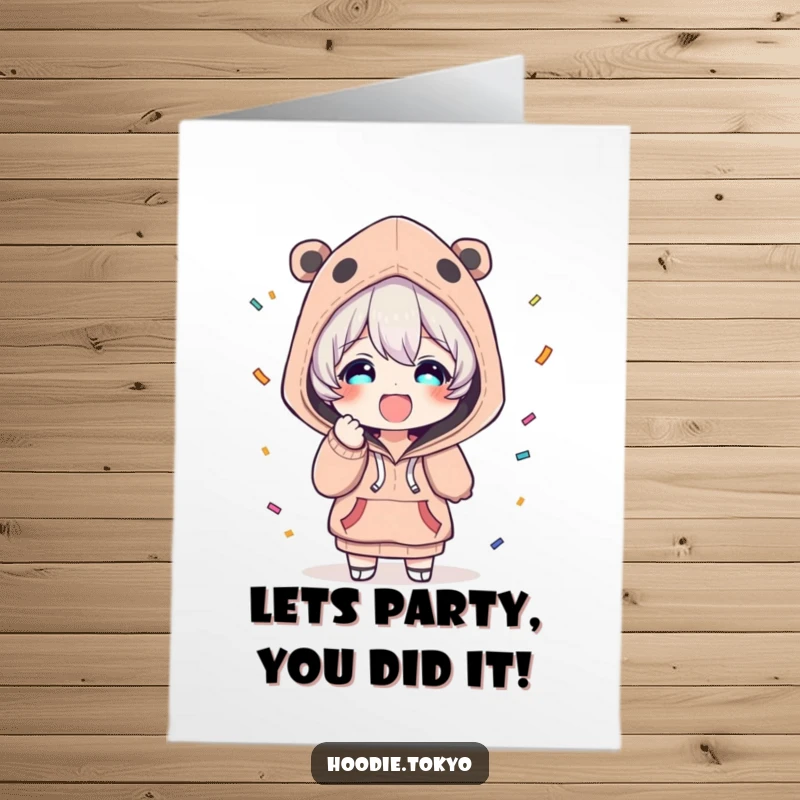 Funny Free Printable Congratulations Card: a character in a cool hoodie throws confetti with pure delight.