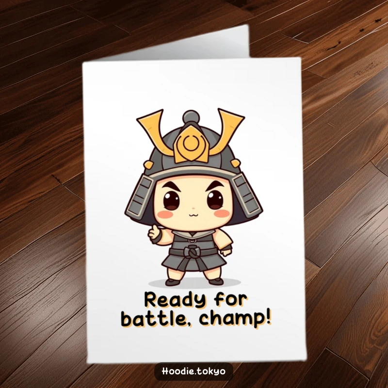 Free Printable Congratulations Card of a character in a small samurai helmet, posing comedically after a victory.
