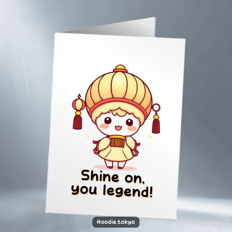 Funny Free Printable Congrats Card: Adorable kawaii character radiating happiness while holding a large, luminous festive lantern.