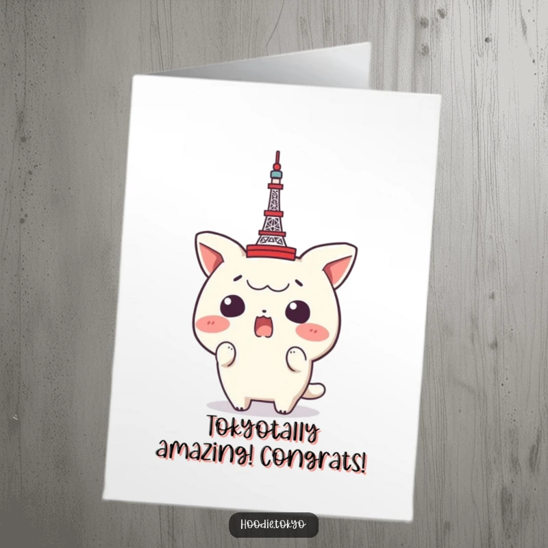 Funny Free Printable Congratulations Card: Surprised Character with Tiny Tokyo Tower on Head, Astonished Achievement