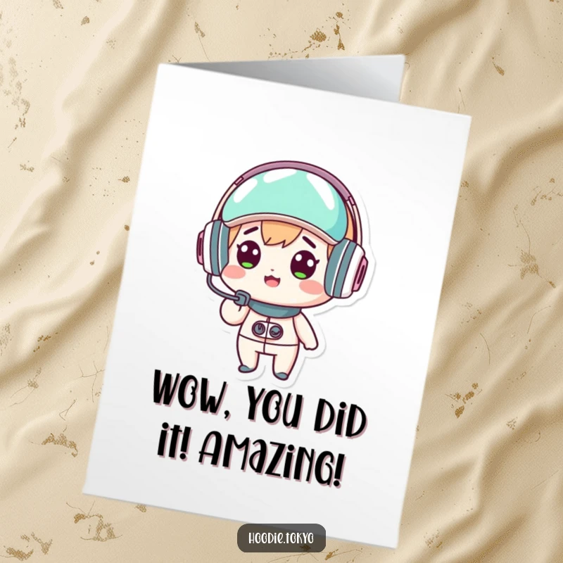 Funny Free Printable Congrats Card: A kawaii character with a futuristic headset, looking utterly surprised, celebrating an achievement.