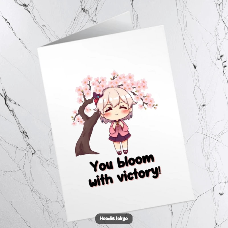 Funny Free Printable Congratulations Card: Character dramatically posing with an exaggerated blush in front of pink cherry blossoms.