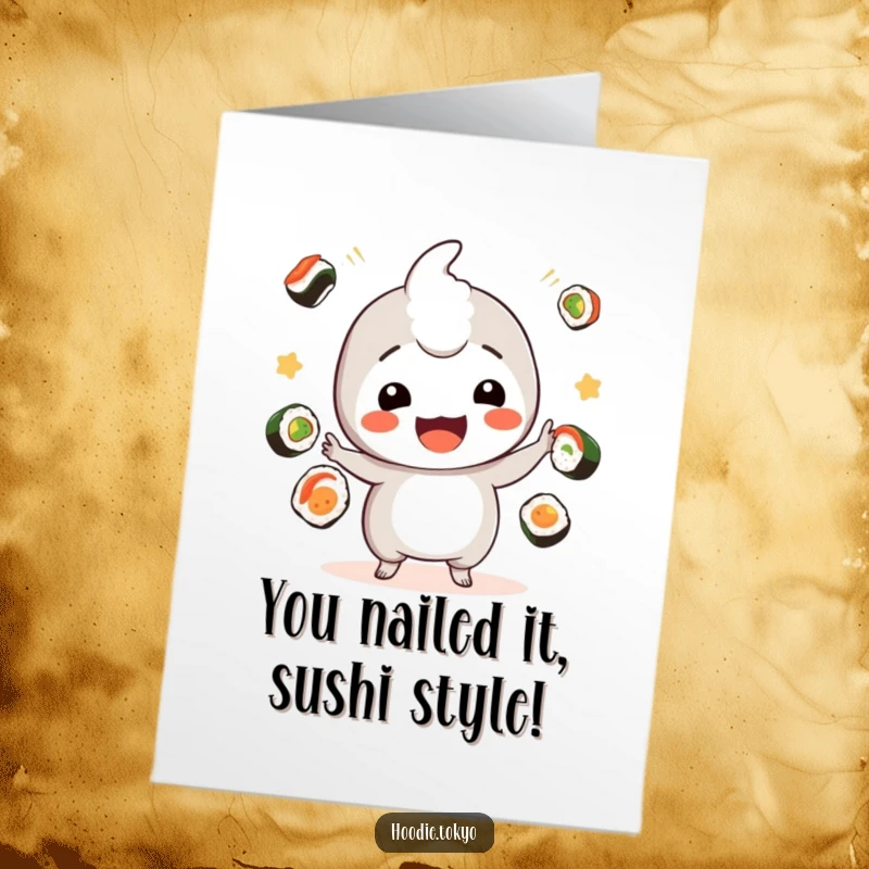 Funny Free Printable Congrats Card: Kawaii character playfully juggles sushi pieces, celebrating an achievement.