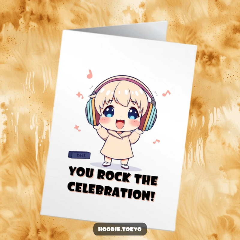 Funny Free Printable Congrats Card: Character with large headphones bops enthusiastically to music, celebrating a fantastic achievement.