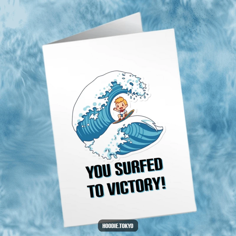 Funny Free Printable Congratulations Card: A character cheerfully riding a massive, stylized wave, embodying excitement and joy.
