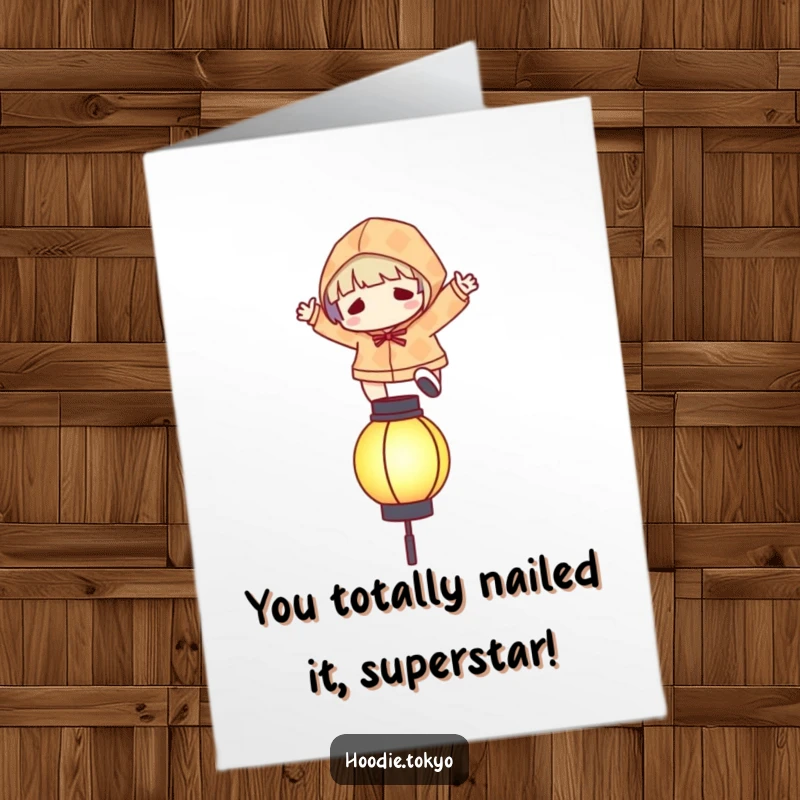 Funny Free Printable Congrats Card: Character in a patterned hoodie leaping over a glowing lantern, celebrating achievement.