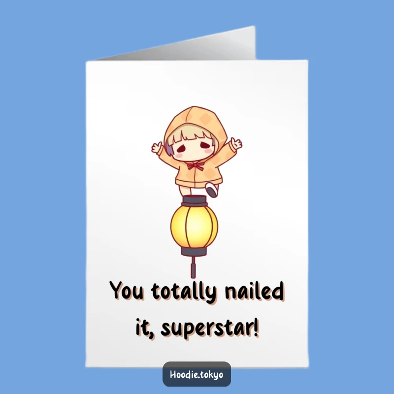 Free Printable Congrats Card: Leaping Character, Glowing Lantern, Success Downloadable Gift