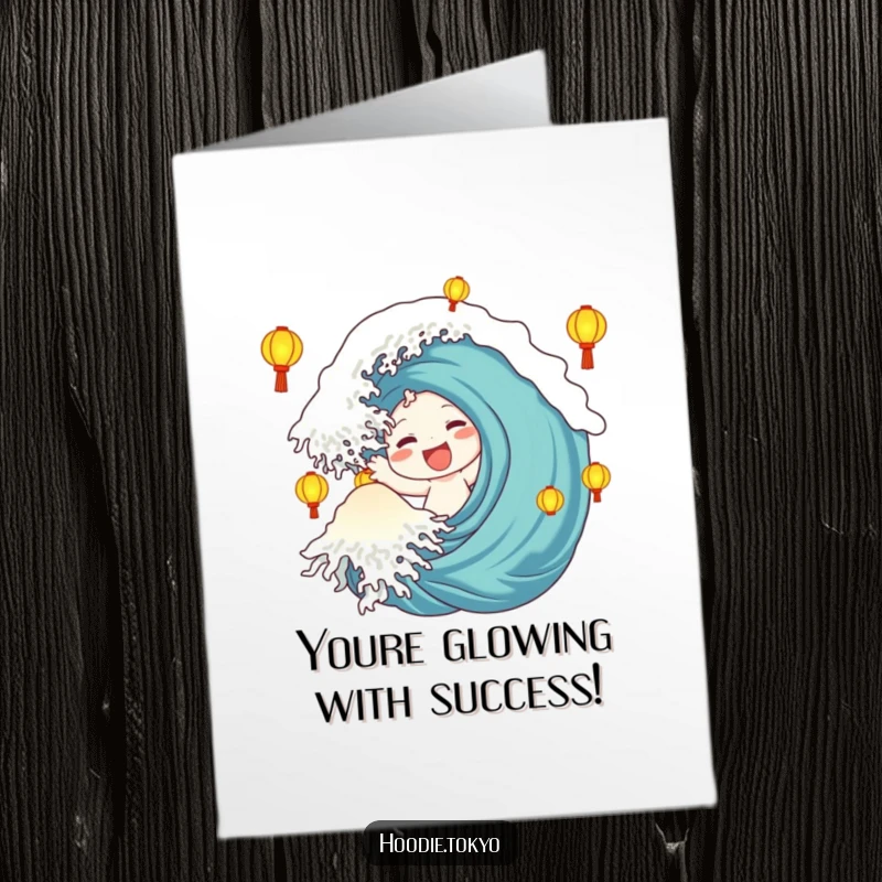 Funny Free Printable Congrats Card: Character offers a big happy wave surrounded by glowing lanterns, celebrating great news.