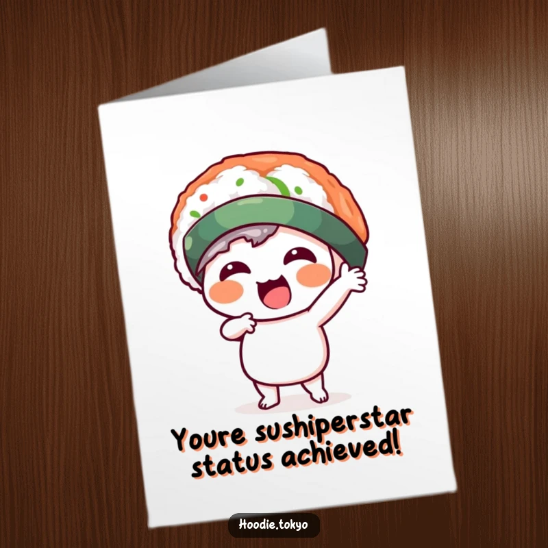 Funny Free Printable Congratulations Card: Kawaii character sporting a silly sushi hat, celebrating with a dynamic and joyful pose.