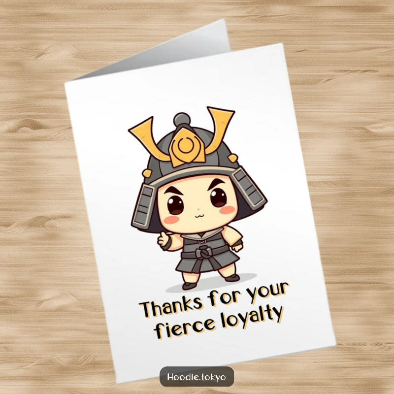 Funny Free Printable Thank You Card showing a character in a tiny samurai helmet, striking a silly pose.