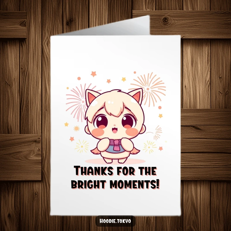 Funny Free Printable Thank You Card: Kawaii character with wide, wondrous eyes gazing at a beautiful, celebratory fireworks display.