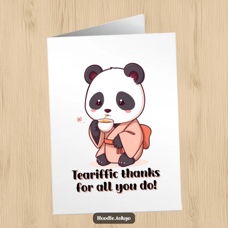 Funny Free Printable Thank You Card: Calm Panda in Kimono Enjoying Tea, Expressing Heartfelt Gratitude Hilariously.