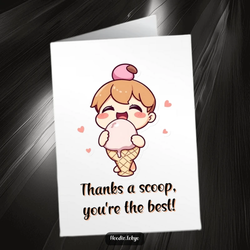 Funny Free Printable Thank You Card: Kawaii character joyfully eating a giant ice cream scoop, a sweet way to say thanks.