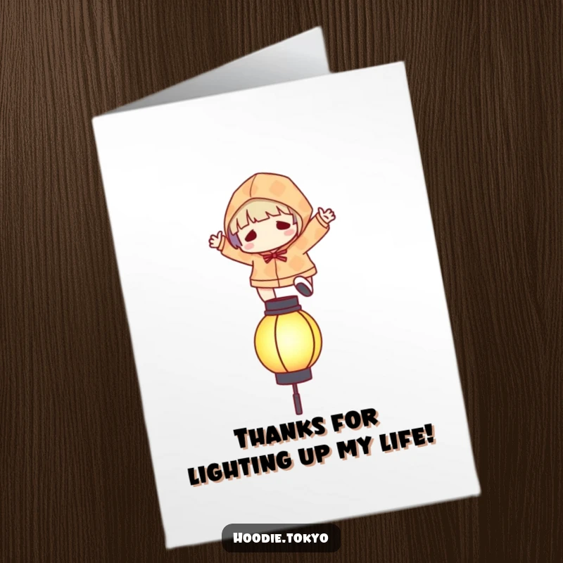 Funny Free Printable Thank You Card: Character in a patterned hoodie leaping over a glowing lantern to express thanks.