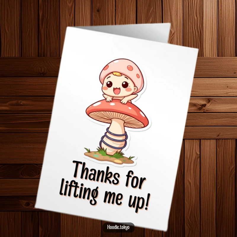 Funny Free Printable Thank You Card: A character with a wide grin is bouncing high on a massive, springy mushroom.