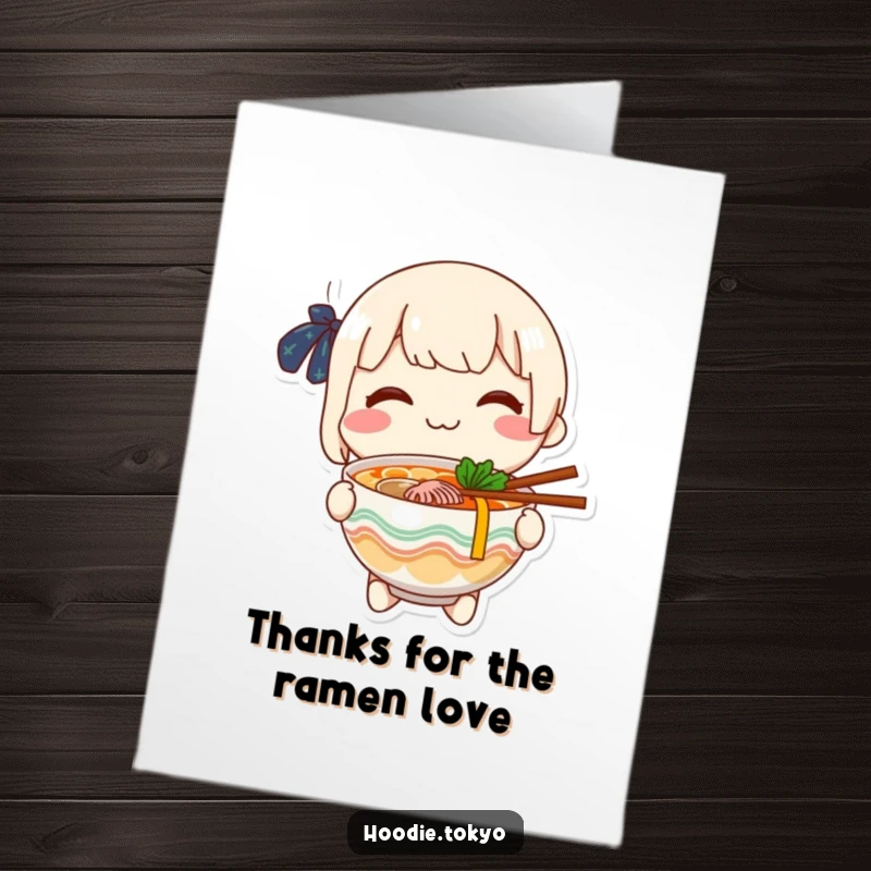 Funny Free Printable Thank You Card: Cheerful character with a wide smile presenting a delicious bowl of ramen as a token of thanks.